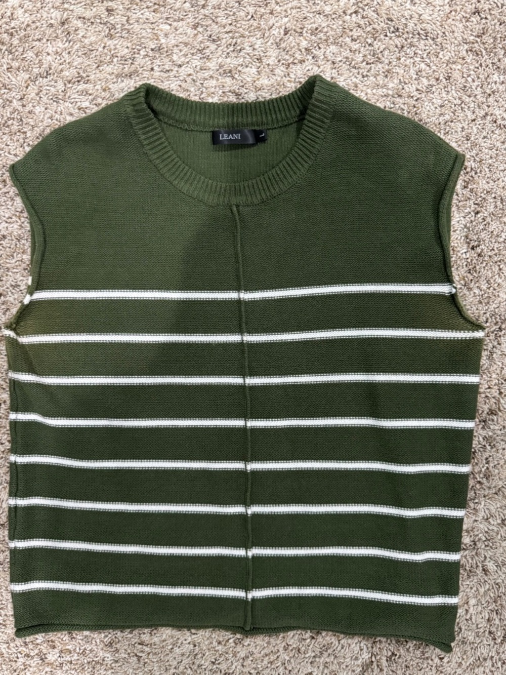 LEANI Cap Sleeve Sweater Vest Striped Crewneck olive green w/white stripes Large